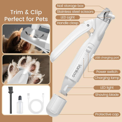 kit 2-in-1 Dog Nail Clipper & Paw Hair Trimmer with LED Light – Rechargeable, Waterproof, Low Noise Grooming Tool for Dogs & Cats